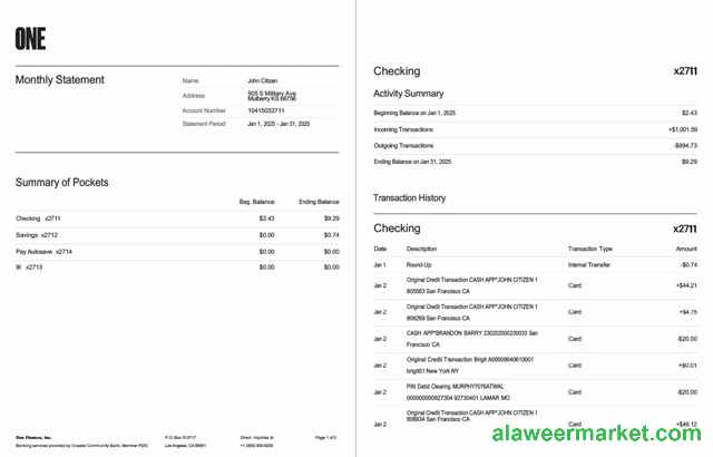 USA One Finance, Inc. bank statement Word and PDF template, 2 pages